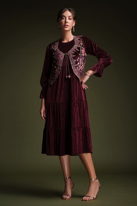 Samyukta Singhania Wine Tiered Dress With Embroidered Jacket 
