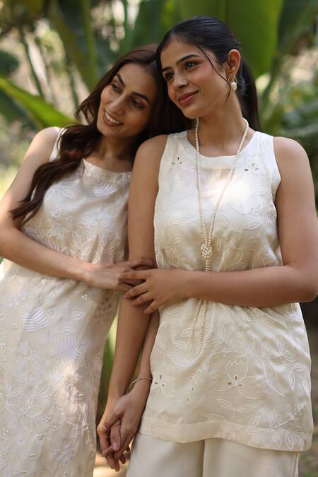 Buy_Nazar By Indu_White Organza, Satin Embroidery Round Neck Top And Pant Set _Online_at_Aza_Fashions