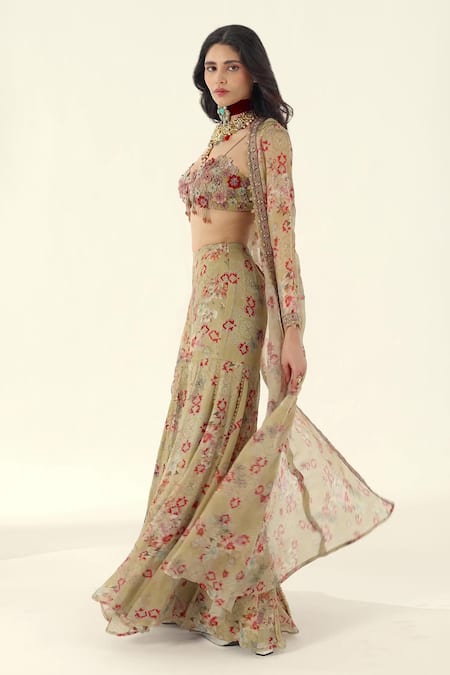 Ridhima Bhasin_Mint Chiffon, Organza Embroidery, Beads Open Neck, Green Floral Reva Jacket Set _Online_at_Aza_Fashions