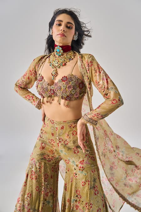 Buy_Ridhima Bhasin_Mint Chiffon, Organza Embroidery, Beads Open Neck, Green Floral Reva Jacket Set _Online_at_Aza_Fashions