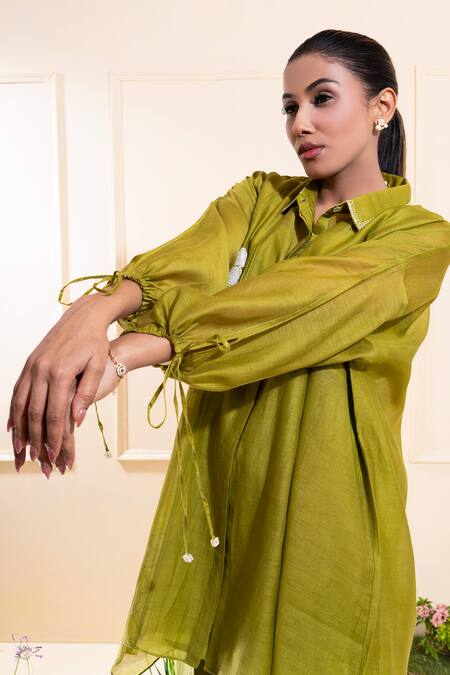 The White Tree Studio_Green Chanderi Applique, Embroidery Collared Moss Kurta Co-ord Set _Online_at_Aza_Fashions