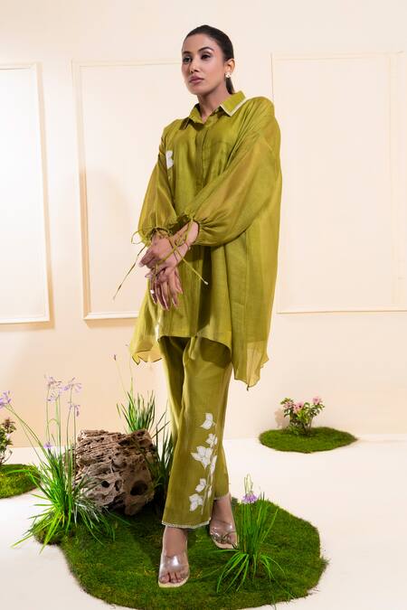 Shop_The White Tree Studio_Green Chanderi Applique, Embroidery Collared Moss Kurta Co-ord Set 