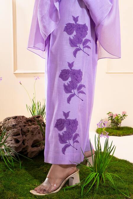 The White Tree Studio_Purple Chanderi Applique, Embroidery Mandarin Lilac Smocking Kurta Co-ord Set _Online_at_Aza_Fashions