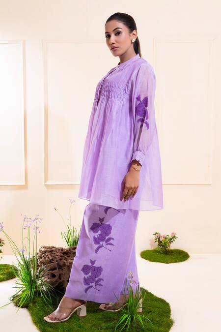 Buy_The White Tree Studio_Purple Chanderi Applique, Embroidery Mandarin Lilac Smocking Kurta Co-ord Set _Online_at_Aza_Fashions