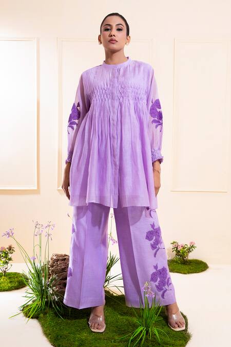 Shop_The White Tree Studio_Purple Chanderi Applique, Embroidery Mandarin Lilac Smocking Kurta Co-ord Set _Online_at_Aza_Fashions
