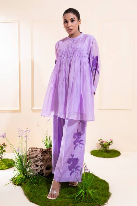 The White Tree Studio_Purple Chanderi Applique, Embroidery Mandarin Lilac Smocking Kurta Co-ord Set _at_Aza_Fashions