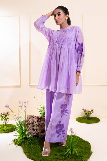 Buy_The White Tree Studio_Purple Chanderi Applique, Embroidery Mandarin Lilac Smocking Kurta Co-ord Set 