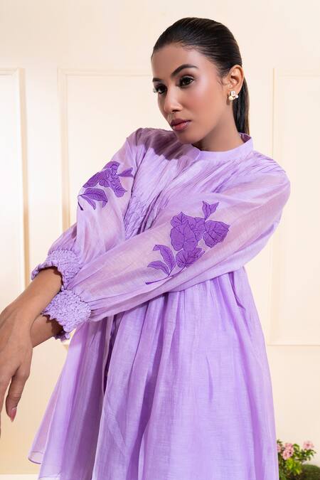 Shop_The White Tree Studio_Purple Chanderi Applique, Embroidery Mandarin Lilac Smocking Kurta Co-ord Set 