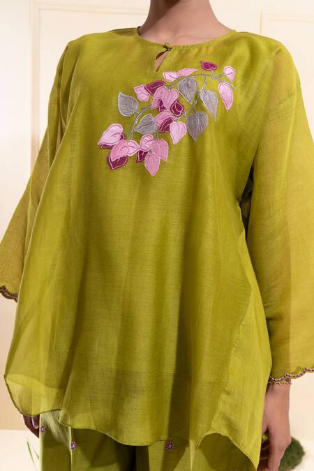 Buy_The White Tree Studio_Green Chanderi Embroidery Round Neck Moss Asymmetrical Top And Trouser Set _Online_at_Aza_Fashions