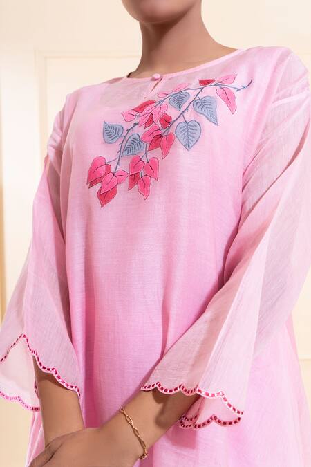 The White Tree Studio_Pink Chanderi Embroidery Round Neck Blush Asymmetrical Top And Trouser Set _Online_at_Aza_Fashions