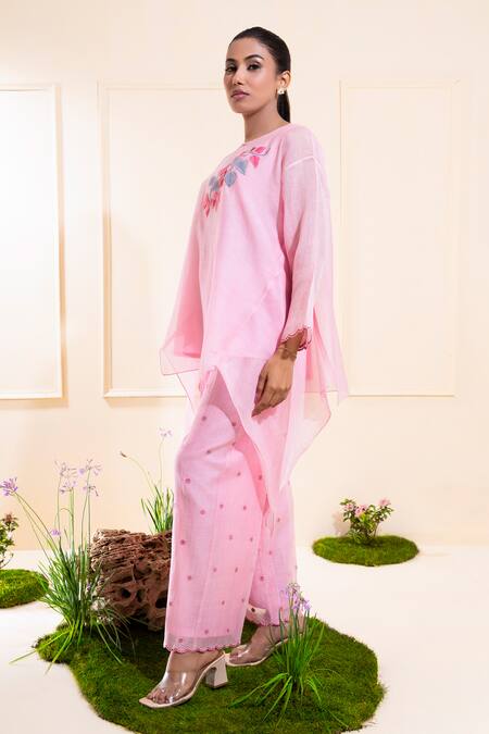 Buy_The White Tree Studio_Pink Chanderi Embroidery Round Neck Blush Asymmetrical Top And Trouser Set _Online_at_Aza_Fashions