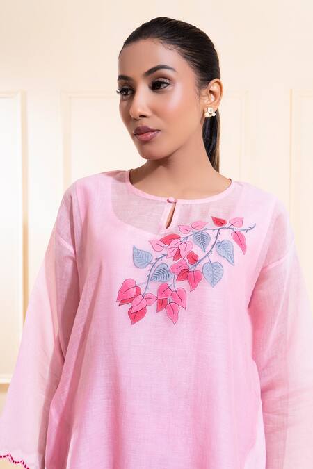 Shop_The White Tree Studio_Pink Chanderi Embroidery Round Neck Blush Asymmetrical Top And Trouser Set _Online_at_Aza_Fashions