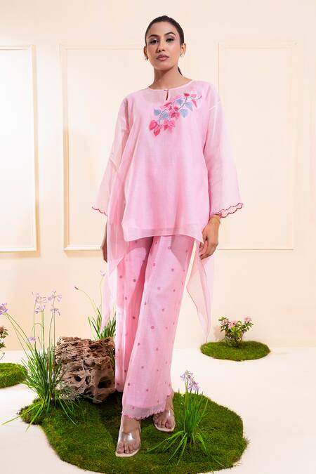 The White Tree Studio_Pink Chanderi Embroidery Round Neck Blush Asymmetrical Top And Trouser Set _at_Aza_Fashions