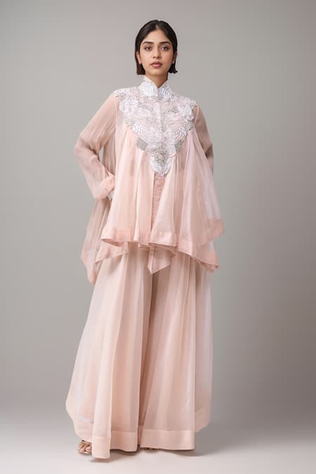 Anamika Khanna Pink Embroidery, Beads Round Neck, Mandarin Collar Trapeze Top Pant Set 