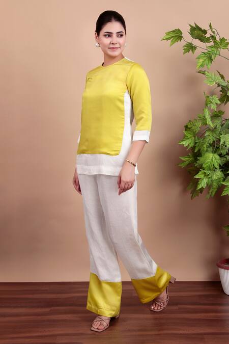 Nidhi Kejriwal_Lime Linen, Modal Round Neck Lemon Yellow Designer Top And Pant Set _Online_at_Aza_Fashions