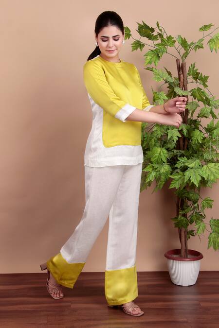 Buy_Nidhi Kejriwal_Lime Linen, Modal Round Neck Lemon Yellow Designer Top And Pant Set _Online_at_Aza_Fashions