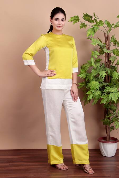 Shop_Nidhi Kejriwal_Lime Linen, Modal Round Neck Lemon Yellow Designer Top And Pant Set _Online_at_Aza_Fashions