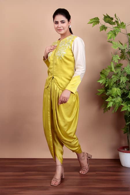 Nidhi Kejriwal_White Chanderi, Modal, Satin Embroidery Lemon Yellow Jacket And Dhoti Pant Set _Online_at_Aza_Fashions