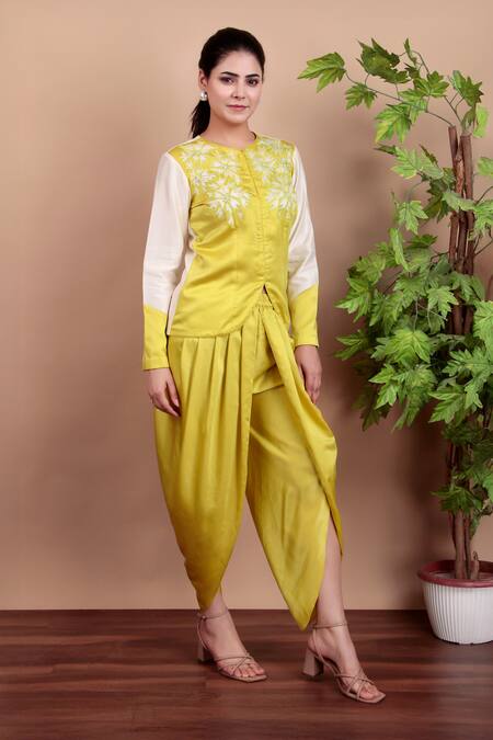 Shop_Nidhi Kejriwal_White Chanderi, Modal, Satin Embroidery Lemon Yellow Jacket And Dhoti Pant Set _Online_at_Aza_Fashions