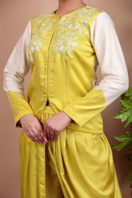Nidhi Kejriwal_White Chanderi, Modal, Satin Embroidery Lemon Yellow Jacket And Dhoti Pant Set _at_Aza_Fashions