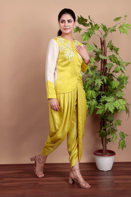 Buy_Nidhi Kejriwal_White Chanderi, Modal, Satin Embroidery Lemon Yellow Jacket And Dhoti Pant Set 
