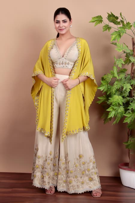 Shop_Nidhi Kejriwal_Off White Georgette, Crepe Sequins, Embroidery Blouse And Palazzo Set With Cape _Online_at_Aza_Fashions