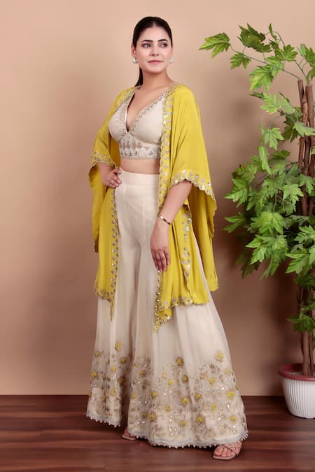 Nidhi Kejriwal_Off White Georgette, Crepe Sequins, Embroidery Blouse And Palazzo Set With Cape _at_Aza_Fashions