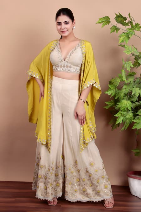 Nidhi Kejriwal Off White Georgette, Crepe Sequins, Embroidery Blouse And Palazzo Set With Cape 
