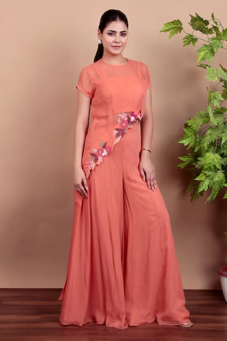 Nidhi Kejriwal Coral Chanderi, Chiffon Embroidery Round Neck Top And Palazzo Set Online at Aza Fashions Nidhi Kejriwal_Coral Chanderi, Chiffon Embroidery Round Neck Top And Palazzo Set _Online_at_Aza_Fashions