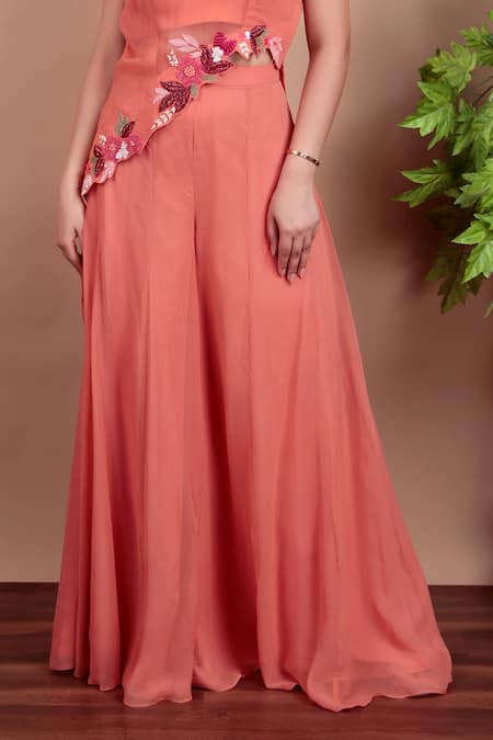 Buy Nidhi Kejriwal Coral Chanderi, Chiffon Embroidery Round Neck Top And Palazzo Set Online at Aza Fashions Buy_Nidhi Kejriwal_Coral Chanderi, Chiffon Embroidery Round Neck Top And Palazzo Set _Online_at_Aza_Fashions