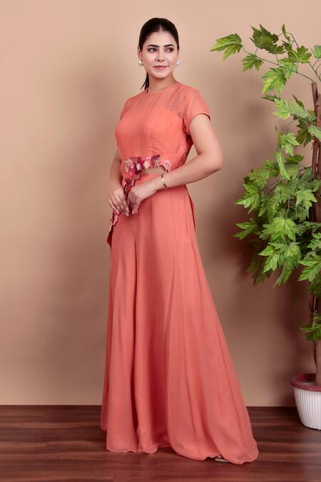 Shop_Nidhi Kejriwal_Coral Chanderi, Chiffon Embroidery Round Neck Top And Palazzo Set _Online_at_Aza_Fashions