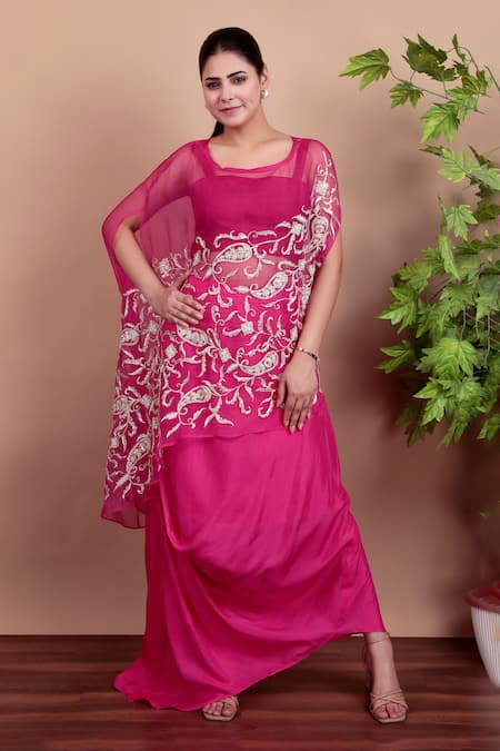 Nidhi Kejriwal Magenta Silk, Organza Embroidery Round , Square Cape Set 
