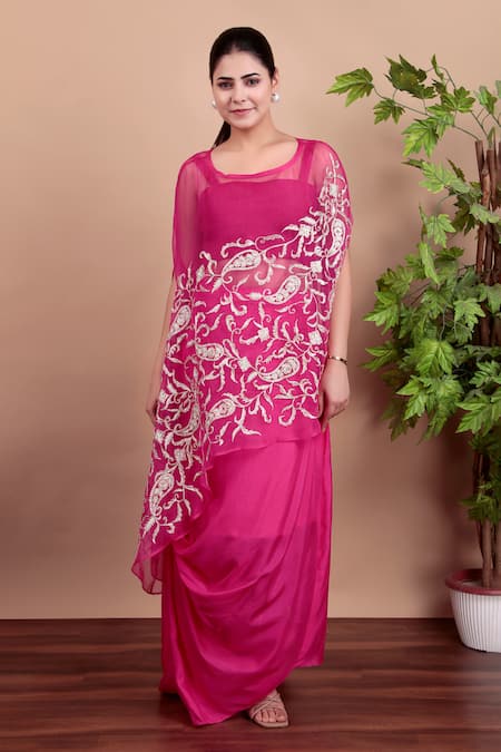 Shop_Nidhi Kejriwal_Magenta Silk, Organza Embroidery Round , Square Cape Set _Online_at_Aza_Fashions