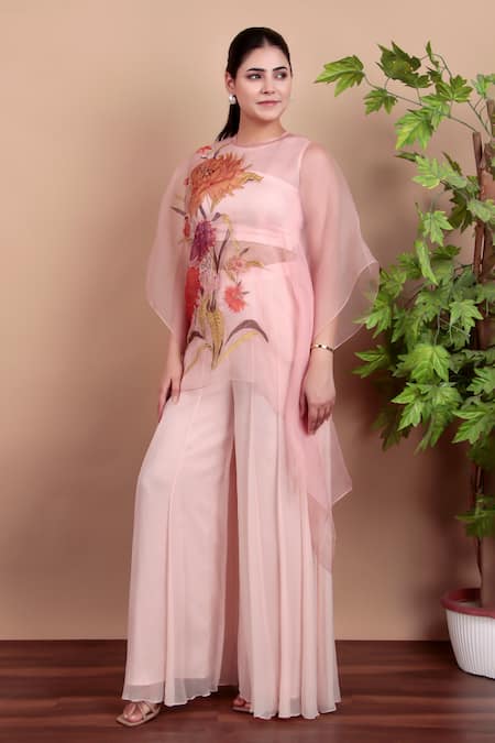 Shop_Nidhi Kejriwal_Pink Chiffon, Organza Embroidery Round Neck Floral Top And Palazzo Set _Online_at_Aza_Fashions