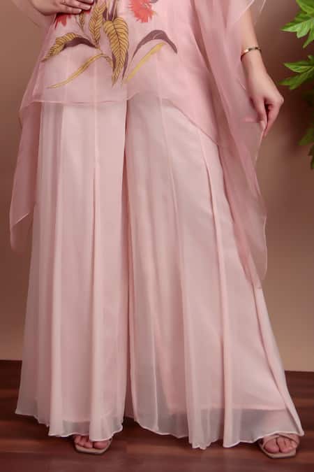 Nidhi Kejriwal_Pink Chiffon, Organza Embroidery Round Neck Floral Top And Palazzo Set _at_Aza_Fashions