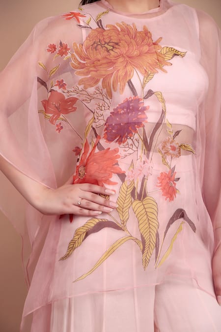 Buy_Nidhi Kejriwal_Pink Chiffon, Organza Embroidery Round Neck Floral Top And Palazzo Set 
