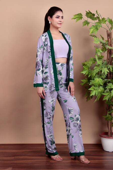 Buy_Nidhi Kejriwal_Purple Crepe Square Neck Floral Print Blazer Set_Online_at_Aza_Fashions