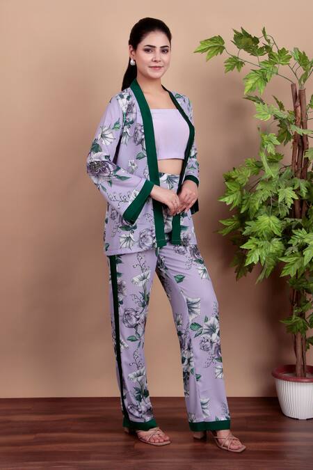 Shop_Nidhi Kejriwal_Purple Crepe Square Neck Floral Print Blazer Set_Online_at_Aza_Fashions