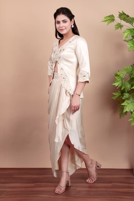 Nidhi Kejriwal_Off White Crepe, Modal, Satin Sequins, Embroidery V-neck Jacket And Draped Skirt _Online_at_Aza_Fashions