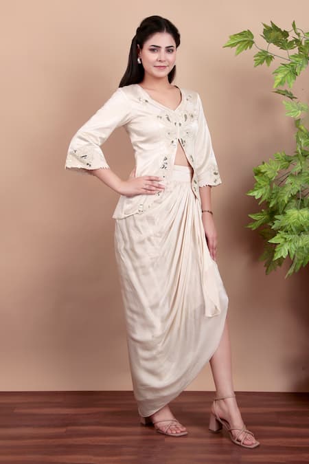 Buy_Nidhi Kejriwal_Off White Crepe, Modal, Satin Sequins, Embroidery V-neck Jacket And Draped Skirt _Online_at_Aza_Fashions