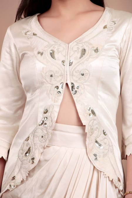Shop_Nidhi Kejriwal_Off White Crepe, Modal, Satin Sequins, Embroidery V-neck Jacket And Draped Skirt _Online_at_Aza_Fashions