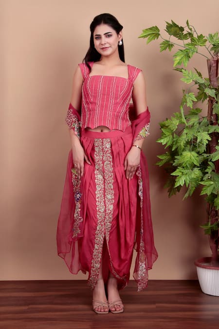 Nidhi Kejriwal Coral Chanderi, Silk, Organza Sequins, Embroidery Square Neck Dhoti Skirt Set 