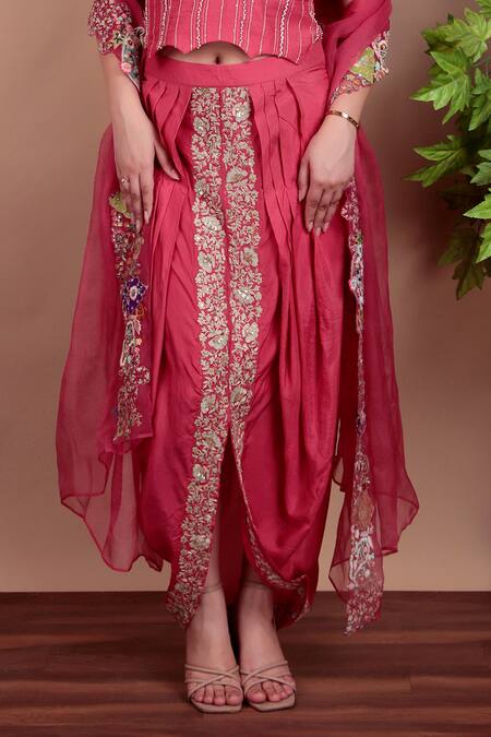 Buy_Nidhi Kejriwal_Coral Chanderi, Silk, Organza Sequins, Embroidery Square Neck Dhoti Skirt Set_Online_at_Aza_Fashions