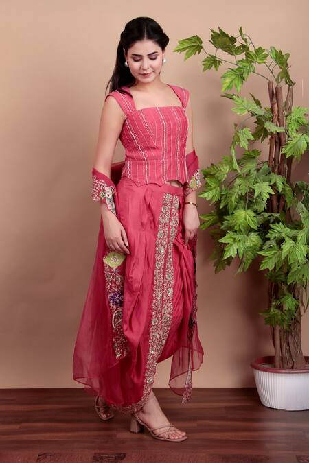 Nidhi Kejriwal_Coral Chanderi, Silk, Organza Sequins, Embroidery Square Neck Dhoti Skirt Set_at_Aza_Fashions