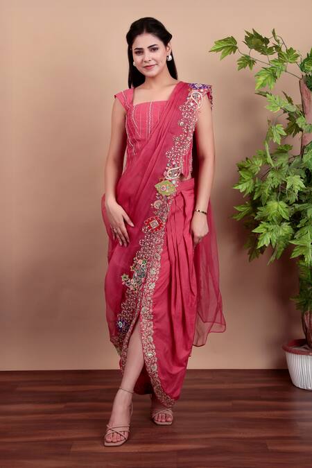 Buy_Nidhi Kejriwal_Coral Chanderi, Silk, Organza Sequins, Embroidery Square Neck Dhoti Skirt Set