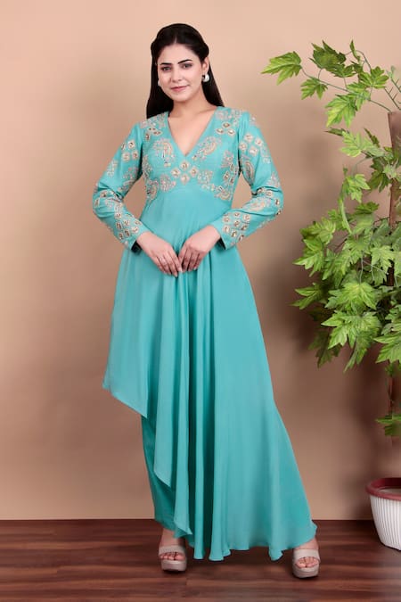 Nidhi Kejriwal Aqua Crepe, Silk Sequins, Embroidery V-neck Blue Anarkali Set 