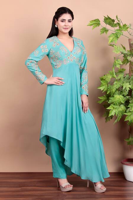 Buy_Nidhi Kejriwal_Aqua Crepe, Silk Sequins, Embroidery V-neck Blue Anarkali Set _Online_at_Aza_Fashions