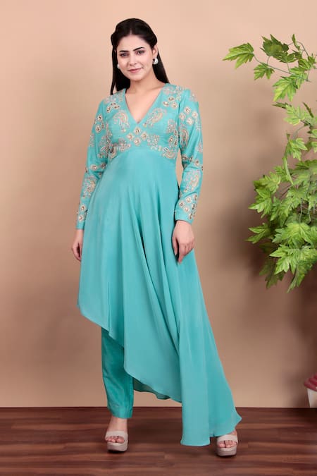 Shop_Nidhi Kejriwal_Aqua Crepe, Silk Sequins, Embroidery V-neck Blue Anarkali Set _Online_at_Aza_Fashions