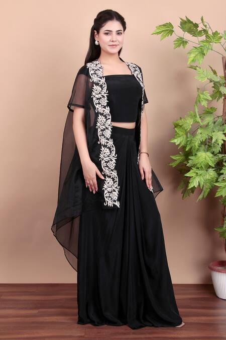 Nidhi Kejriwal_Black Organza, Crepe Bandeau , Open Cape And Dhoti Skirt Set _Online_at_Aza_Fashions
