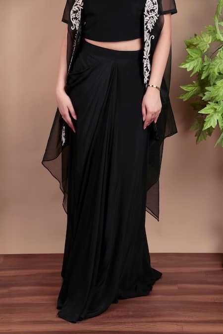 Buy_Nidhi Kejriwal_Black Organza, Crepe Bandeau , Open Cape And Dhoti Skirt Set _Online_at_Aza_Fashions